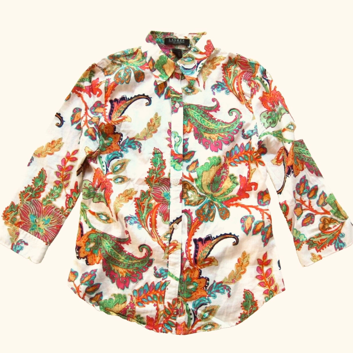 Ralph Lauren Cotton Pink Floral 3/4 Sleeve Button Down Blouse