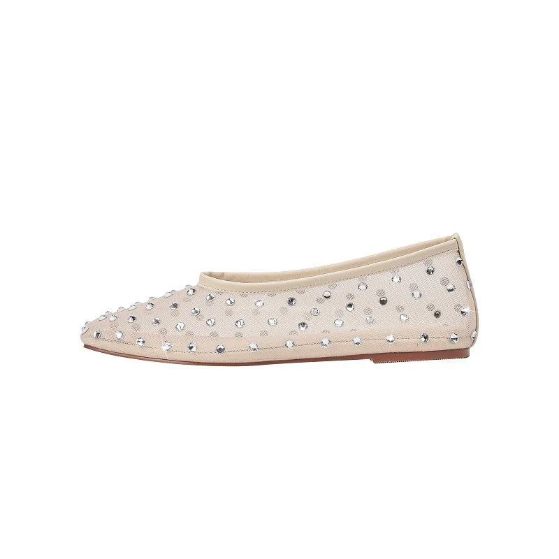 Thumbnail: Rhinestone-studded Tan Mesh Ballet Flats - 38