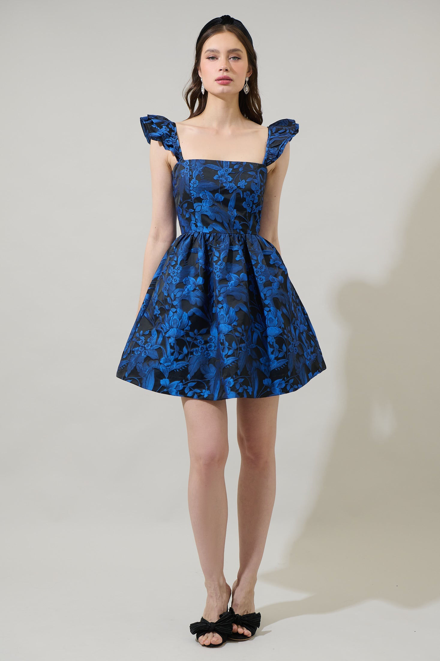 Vernonia Floral Jacquard Ruffle Mini Dress In Cobalt-Black- S