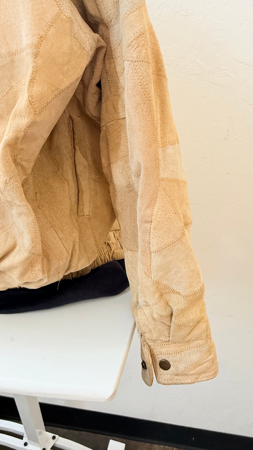 Thumbnail: Vintage 90’sItalian Stone Tan Patchwork Suede Leather Bomber Jacket -L