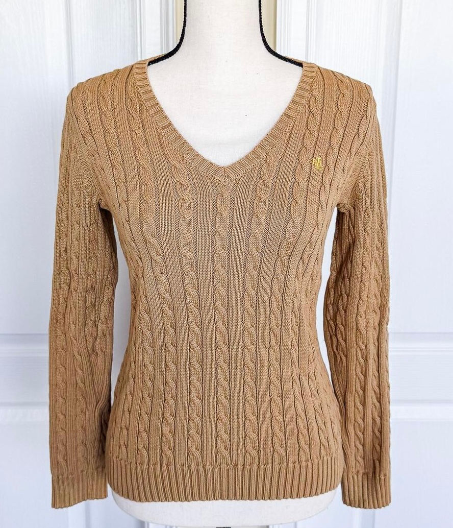 Lauren Ralph Lauren Cotton V-Neck Cable Knit Camel Beige- L