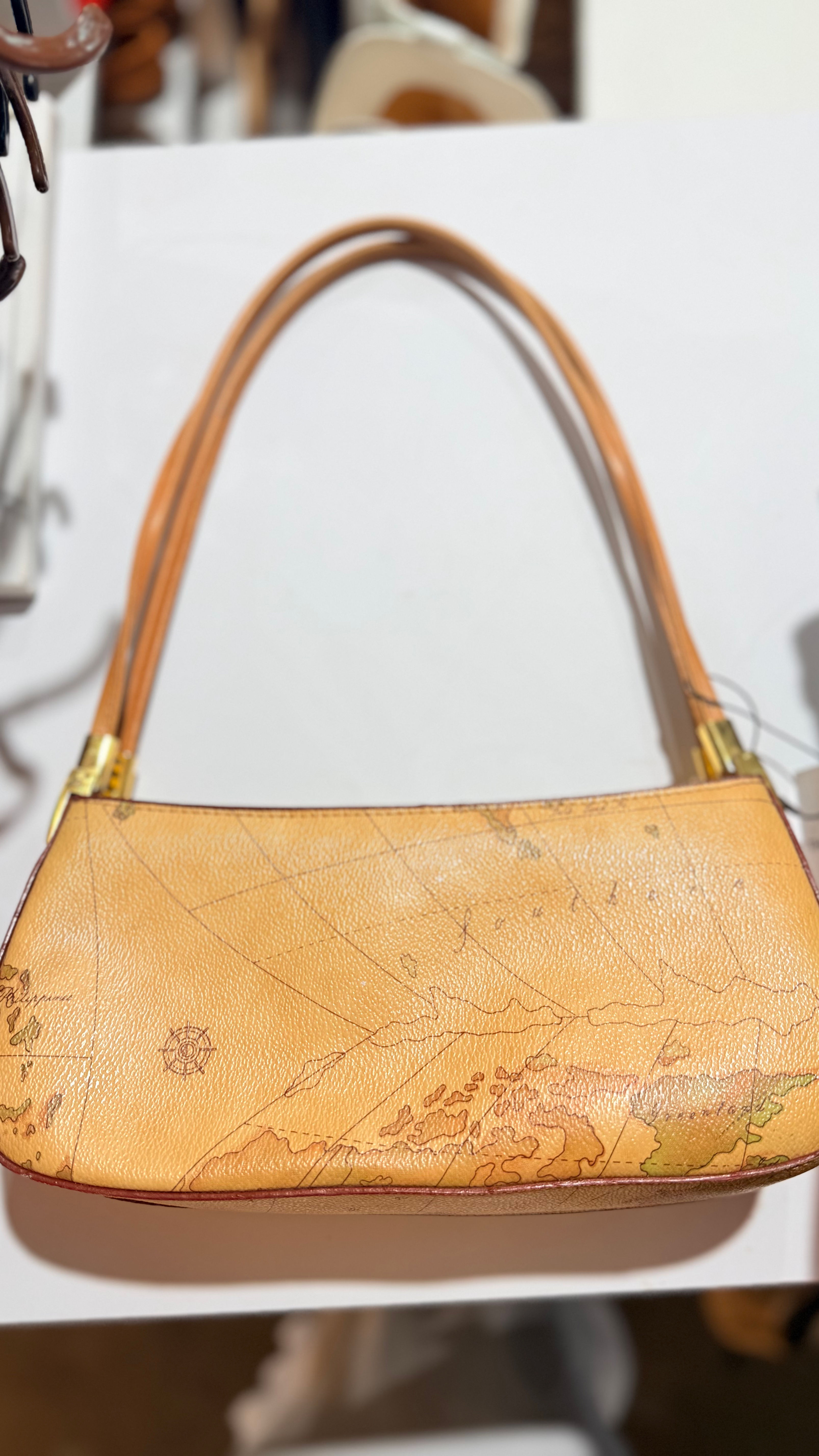 Vintage Alviero Martini Style Leather World Globe Map Shoulder Bag