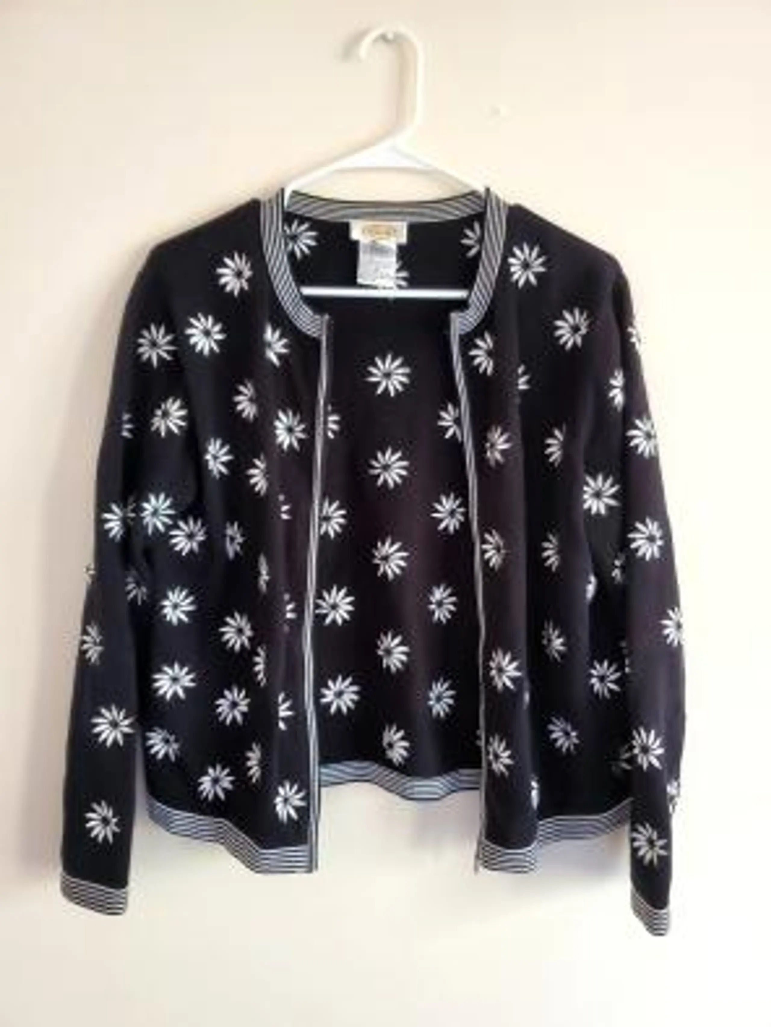 Talbots Floral Embroidered Black Zip Up Cardigan 