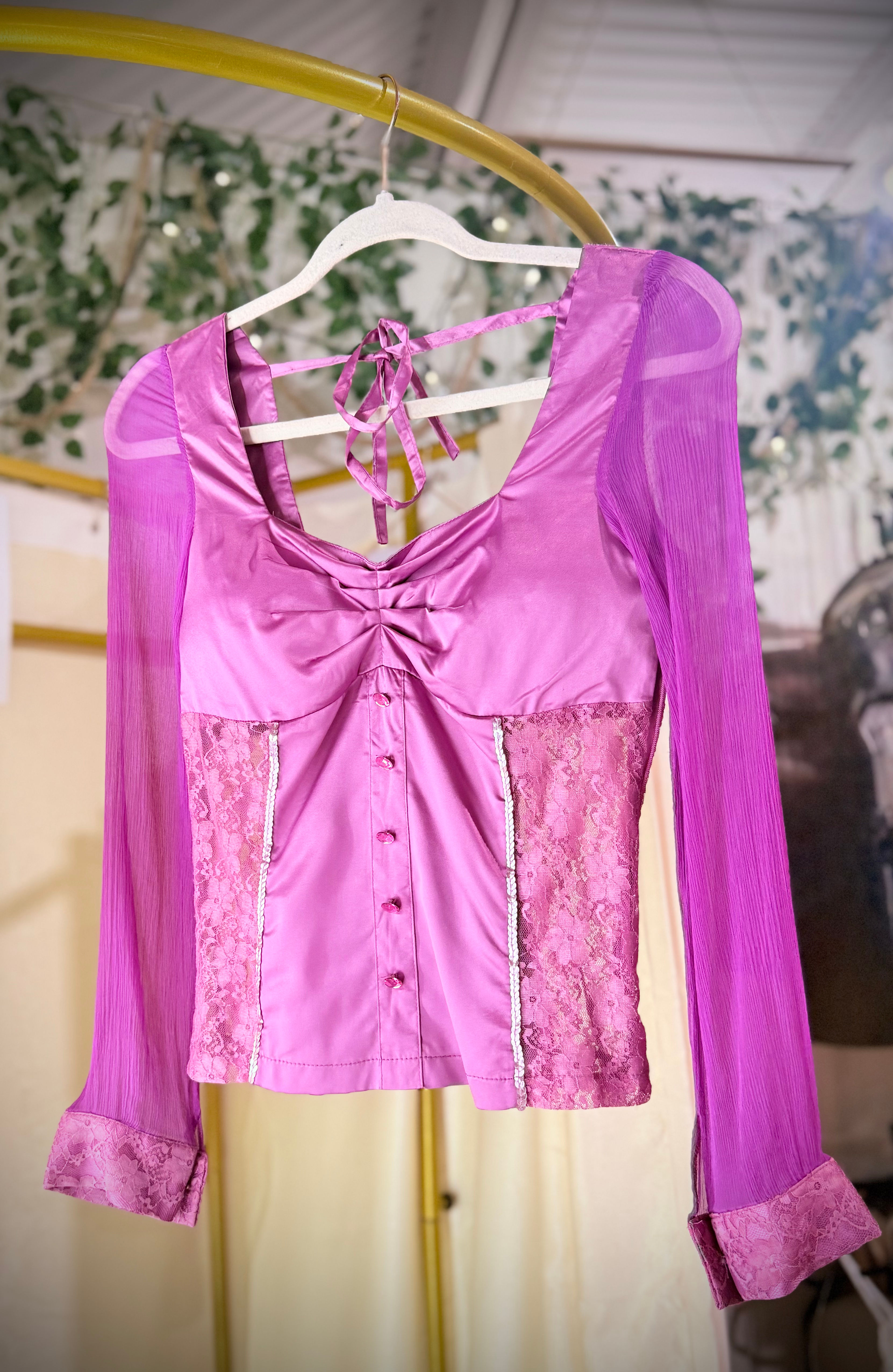 Lucy Paris Y2K Purple Satin Lace Long Sleeve Top- S