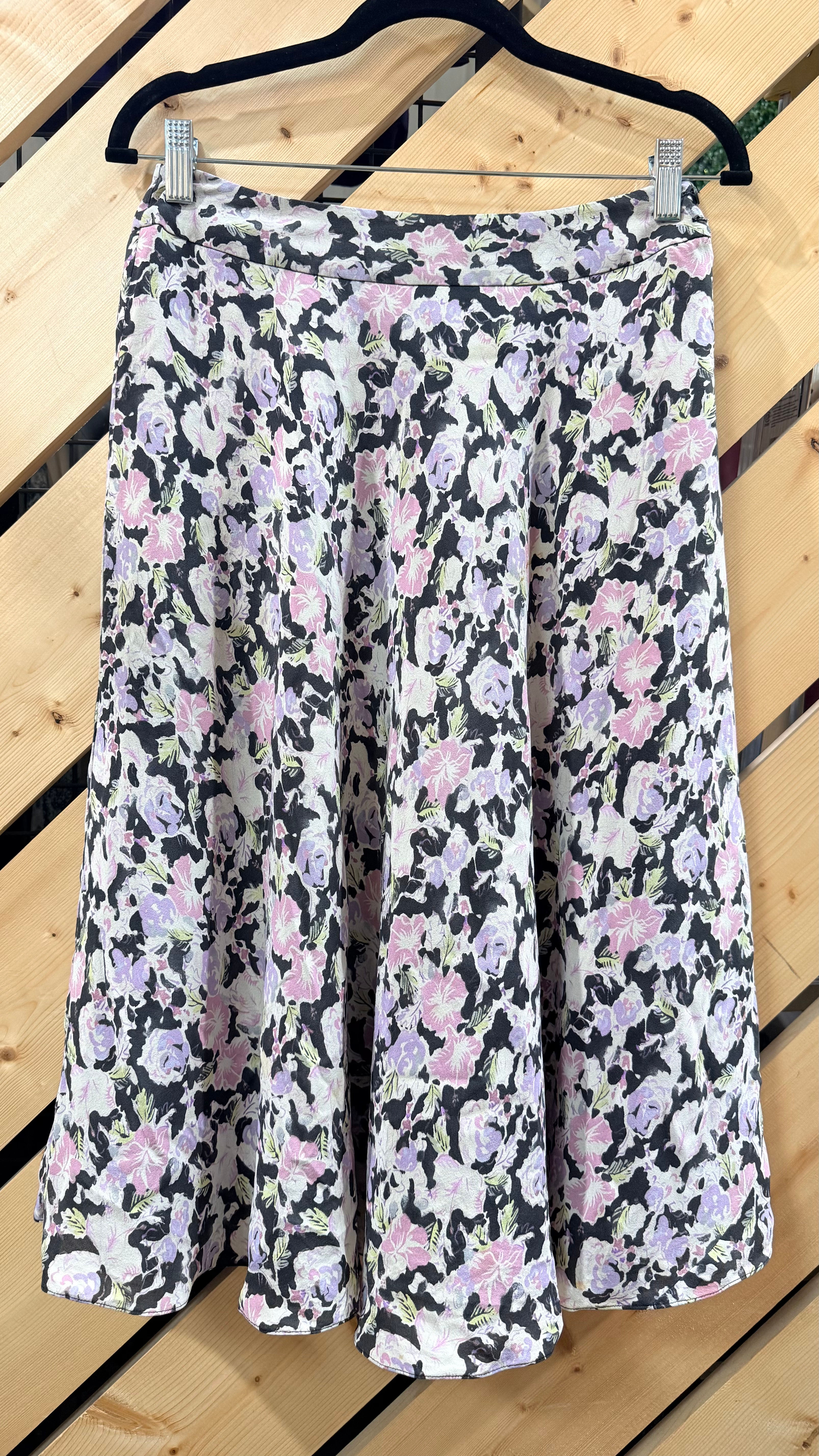 Jones New York Black Pink Floral 100% Silk Midi Skirt- 4