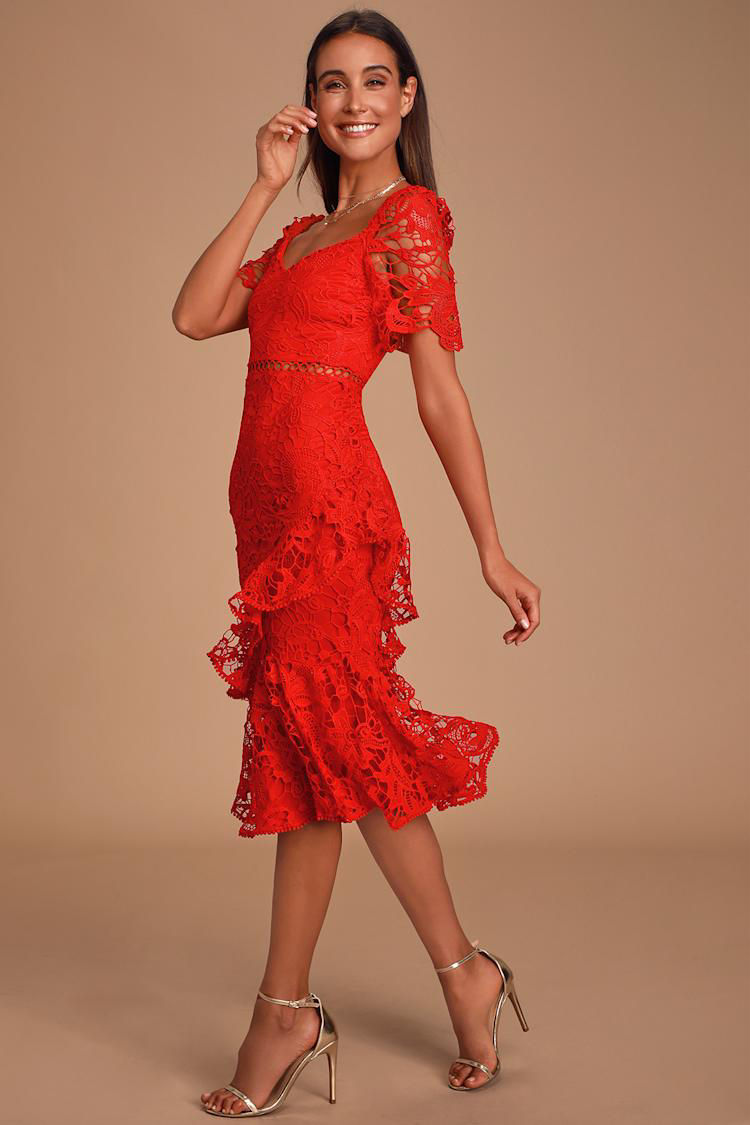 Thumbnail: Briarwood Red Lace Ruffled Midi Dress- S