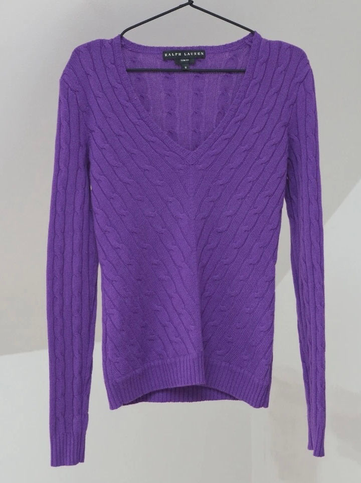 Ralph Lauren Slim Fit Purple Cable-Knit V-Neck Sweater - L