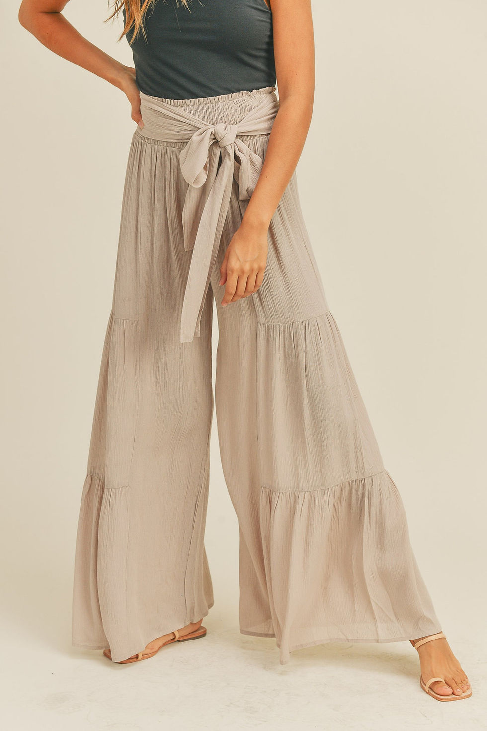 Thumbnail: Pink Lilly Taupe Rayon Tiered Detail Pants - M