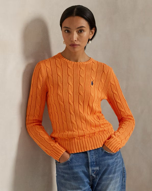 Ralph Lauren Sport Crew Neck Cotton Cable Knit Orange/White Pony- L