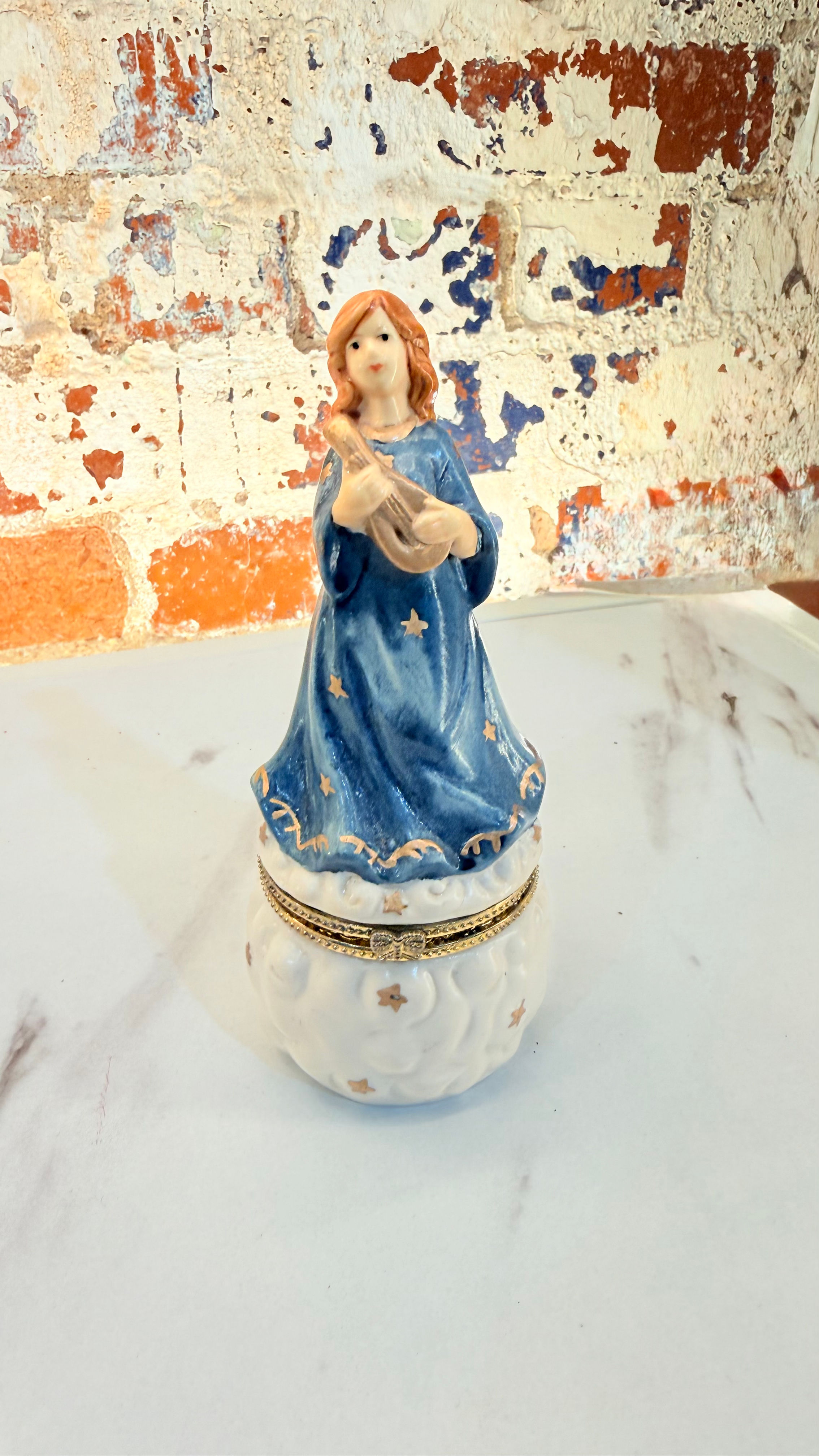 Angel Ceramic Blue and Gold 6” Tall Trinket Box 