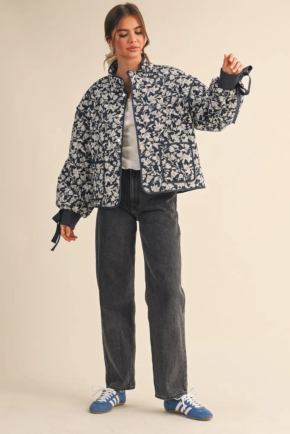 Thumbnail: So Cute | Bow Detail Navy Floral Quilted Jacket