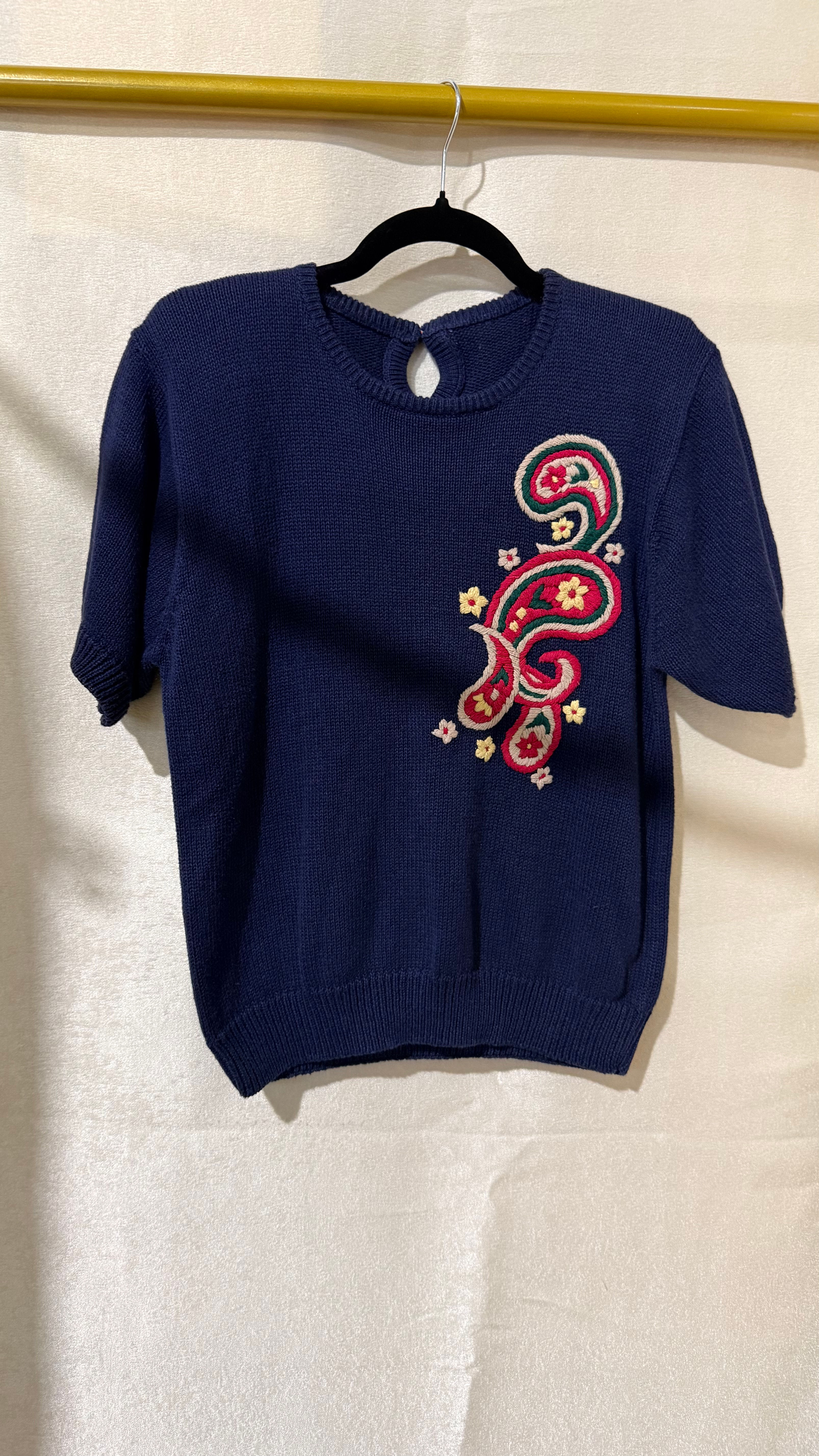 Vintage Paisley Embroidered Blue Cotton Knit- S