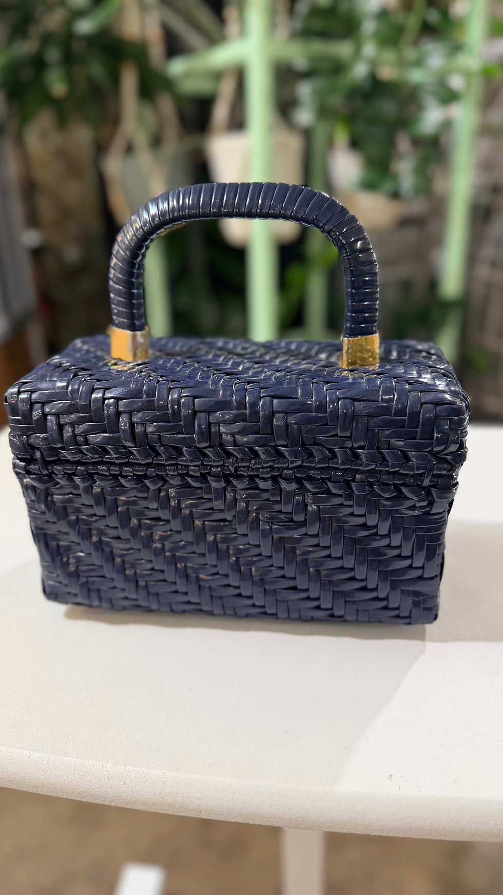 Miniaturbild: RARE GEM Vintage 1960s Lesco Lona Navy Woven Wicker Box Purse