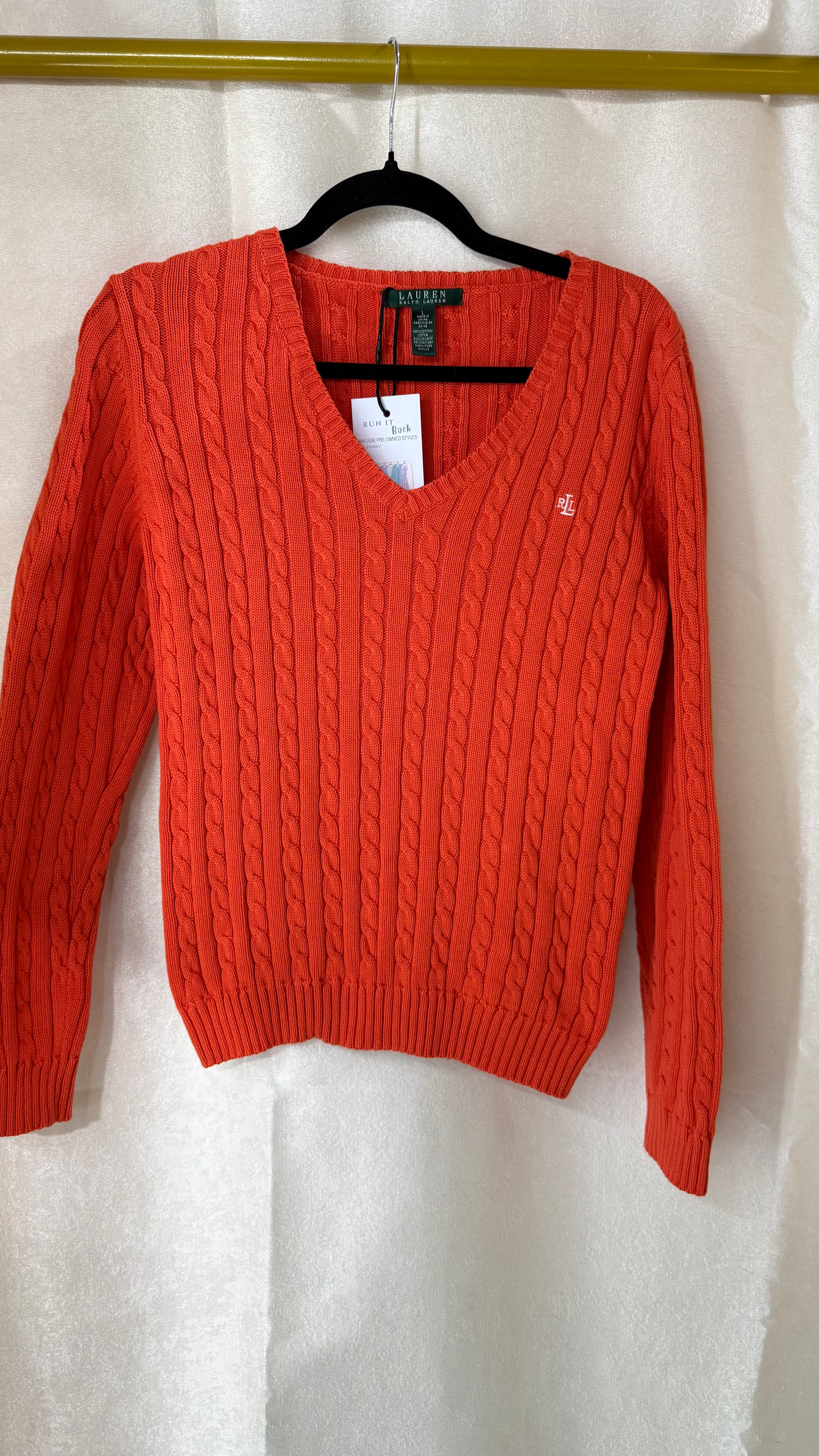 Ralph Lauren LRL Cotton V Neck Coral Cable Knit