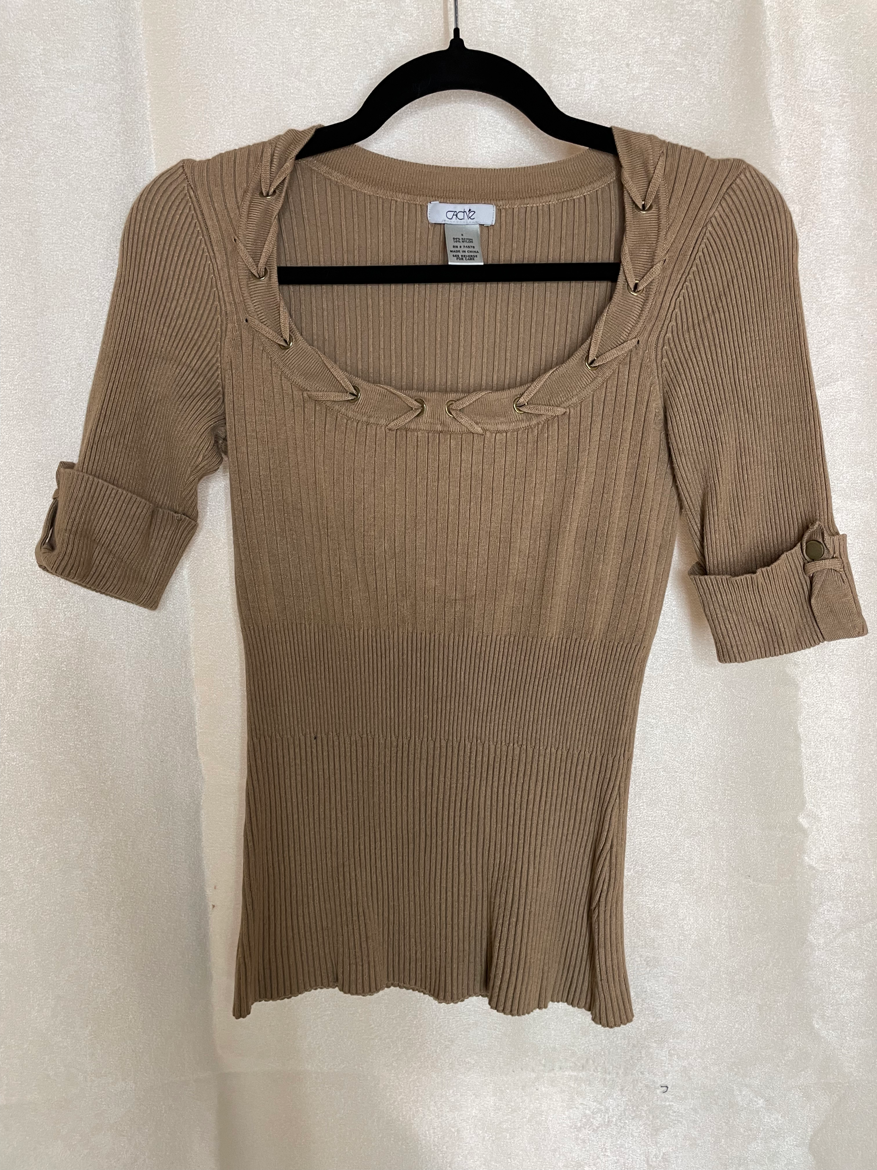 Cache Breaded Square Neckline top beige