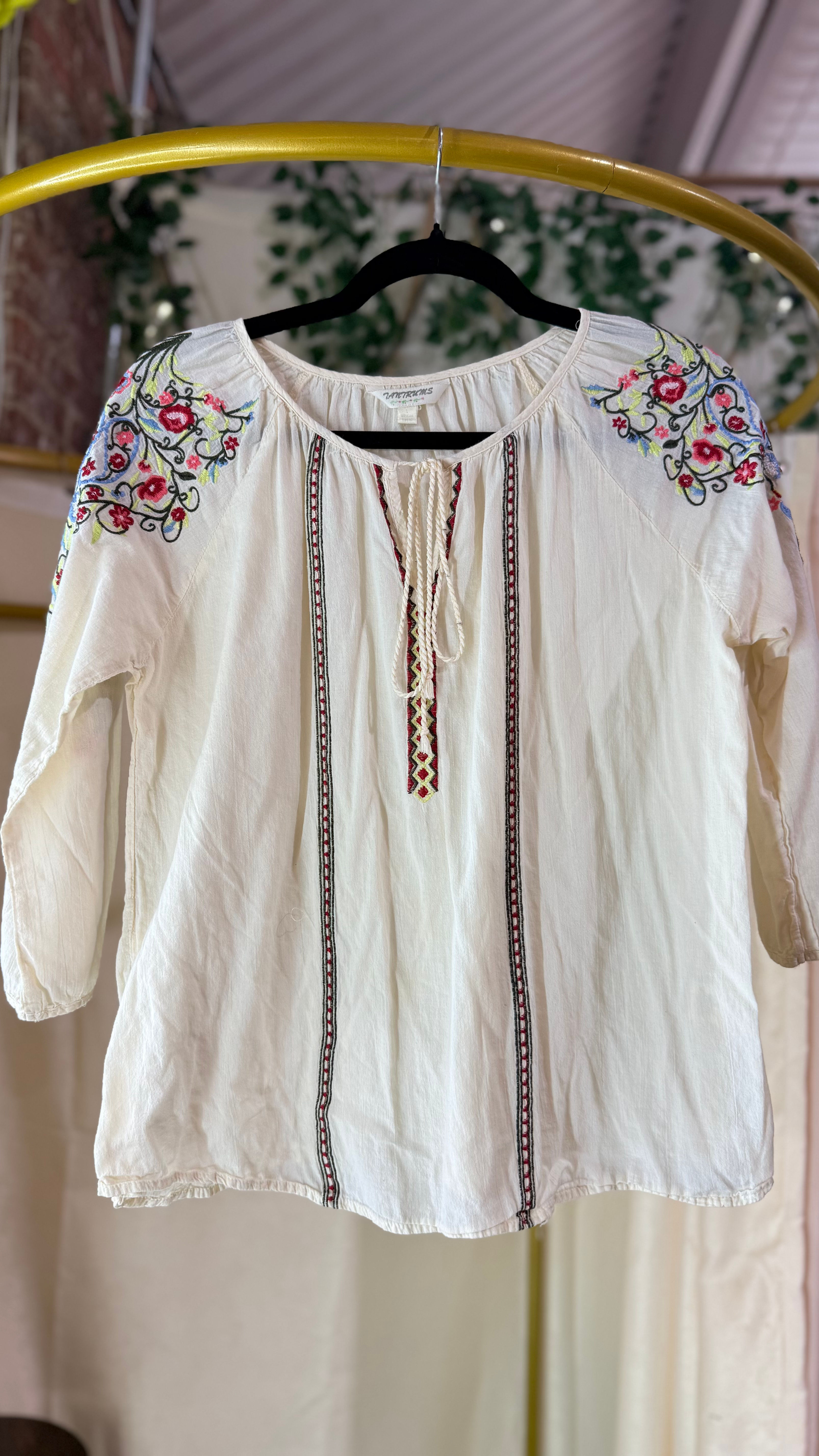 Tantrums Ivory Cotton Embroidery 3/4 Sleeve Top- L