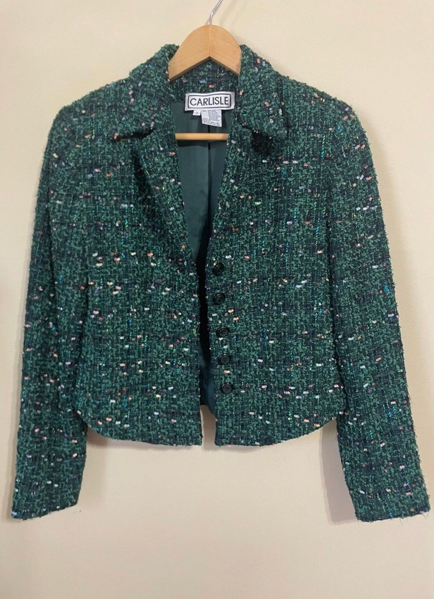 Carlisle Green Boucle Tweed Wool Blend Cropped Blazer