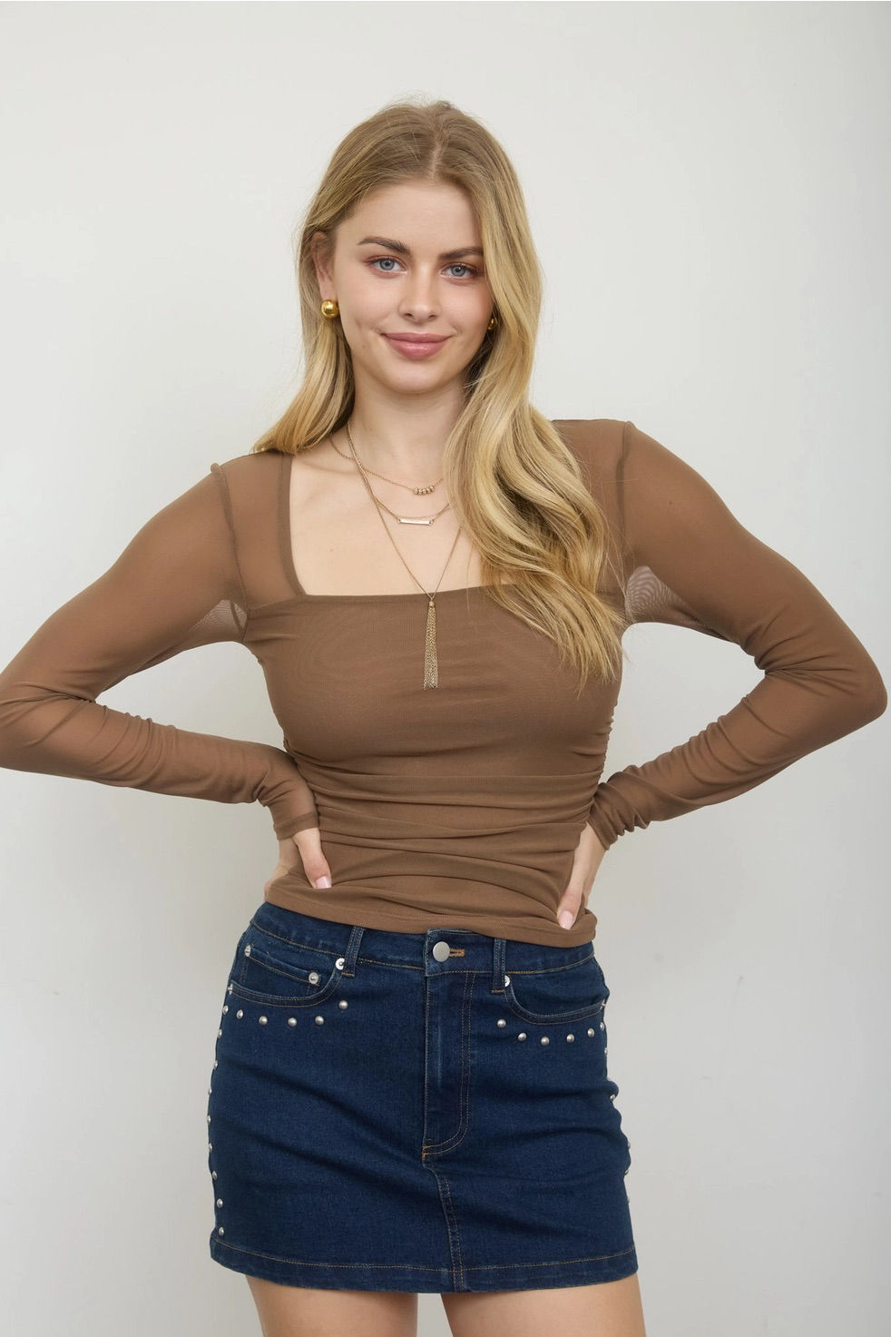 Wind Down | Taupe Ruched Waist Square Neck Layering Top