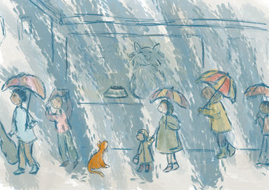 children's picture book style illustration of a street scene showing a small orange cat on a rainy day. The cat stares longingly up at an advertisement for cat food. various people carrying umbrellas and wearing rain coats walk along the street, and a small child stops to say hello to the cat. Illustration by Ruby Winter. 
