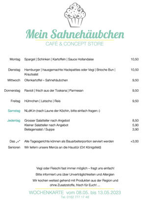 Hier unsere Wochenkarte vom 08. bis 13. Mai 2023: