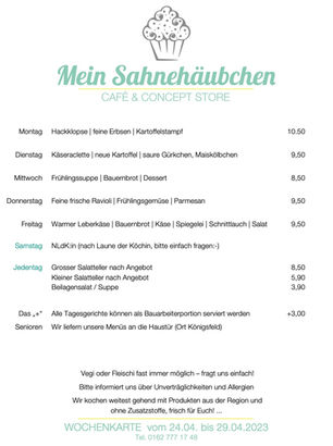 Hier unser Wochenmenü vom 24. bis 29. April 2023