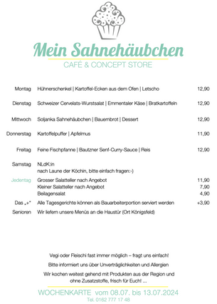 Sahnehäubchenschööön: Unsere neue Wochenkarte ab dem 8. Juli:-)