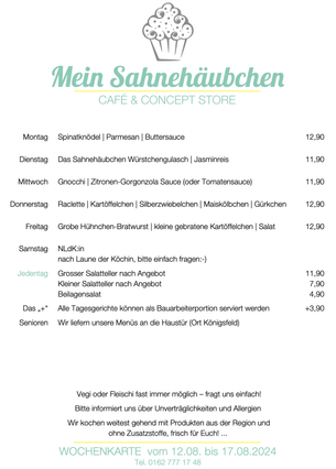 Unsere Wochenkarte ab dem 12. August - freuen uns auf eine Sommerwoche mit Euch!