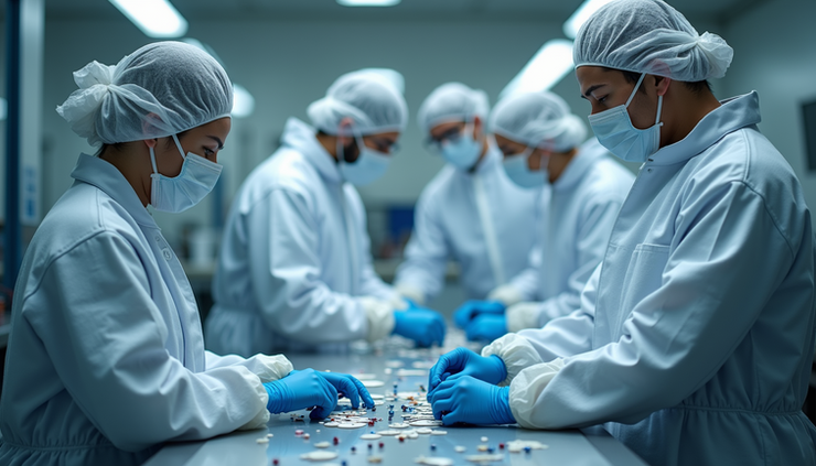 Eye-level view of a cleanroom manufacturing area with workers in protective suits assembling medical devices