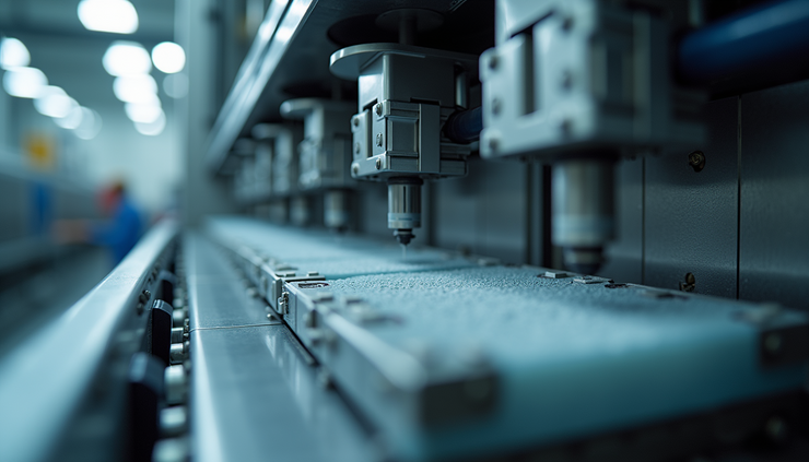 Close-up view of a plastic injection molding machine with clean molds and aligned nozzles