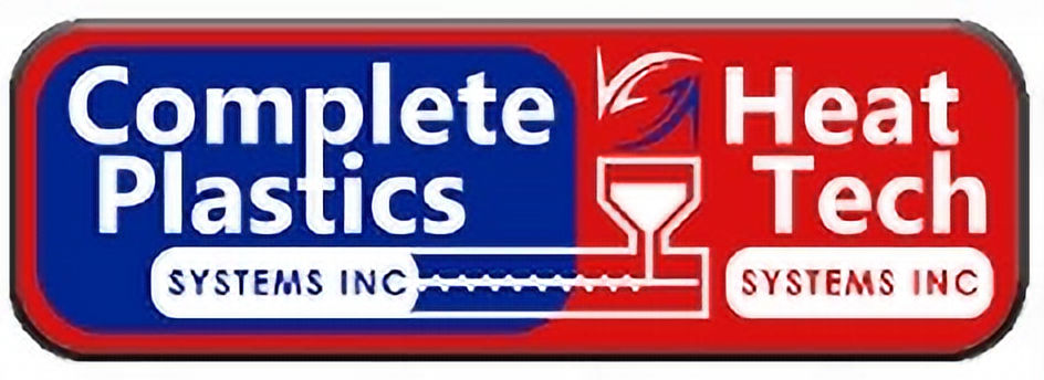 Split red and blue logo with text "Complete Plastics" and "Heat Tech," featuring a funnel and gear design. "Systems Inc" appears below.