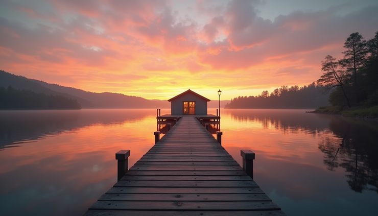 Eye-level view of a peaceful lake house dock at sunset