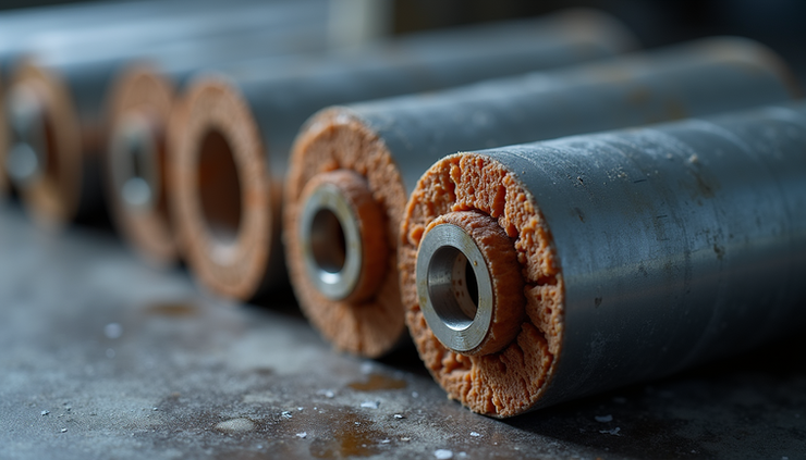 Close-up view of a mineral insulated band heater showing metal sheath and compacted insulation