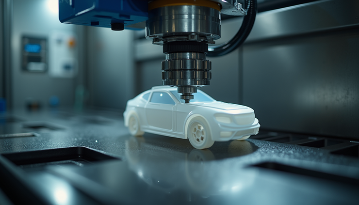 Close-up view of a plastic injection molding machine producing a recyclable automotive part