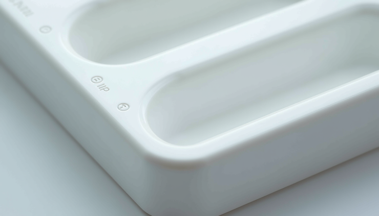 Close-up view of a polycarbonate plastic mold with a smooth surface