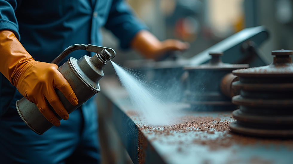 Close-up view of rust prevention product being sprayed on equipment