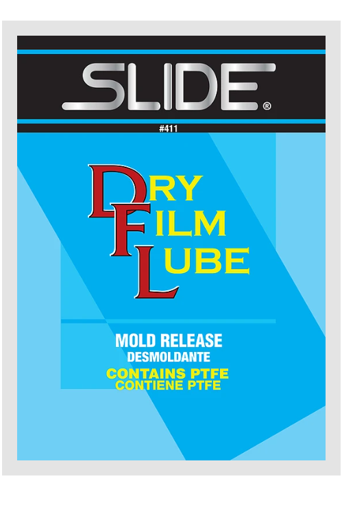 Blue label for Slide brand Dry Film Lube, featuring bold red and yellow text. Includes "Mold Release" and "Contains PTFE" in English and Spanish.