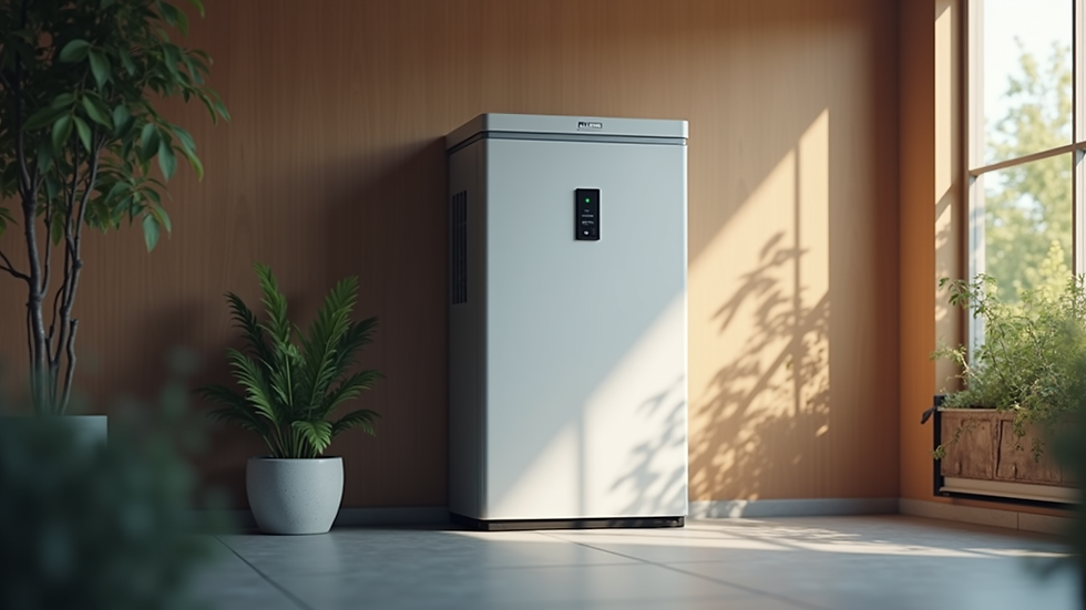 Close-up view of a solar battery storage unit installed in a home garage