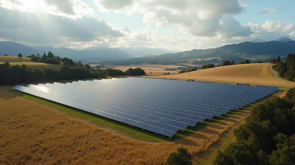 High angle view of a solar farm in a rural New Zealand landscape