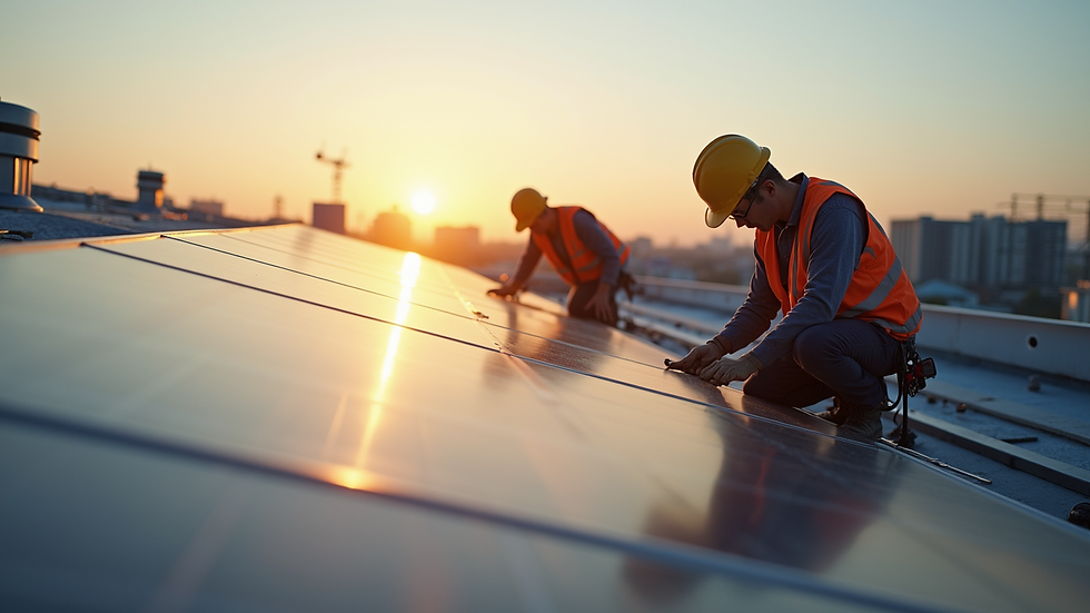 High angle view of a solar panel installation team working on a commercial rooftop