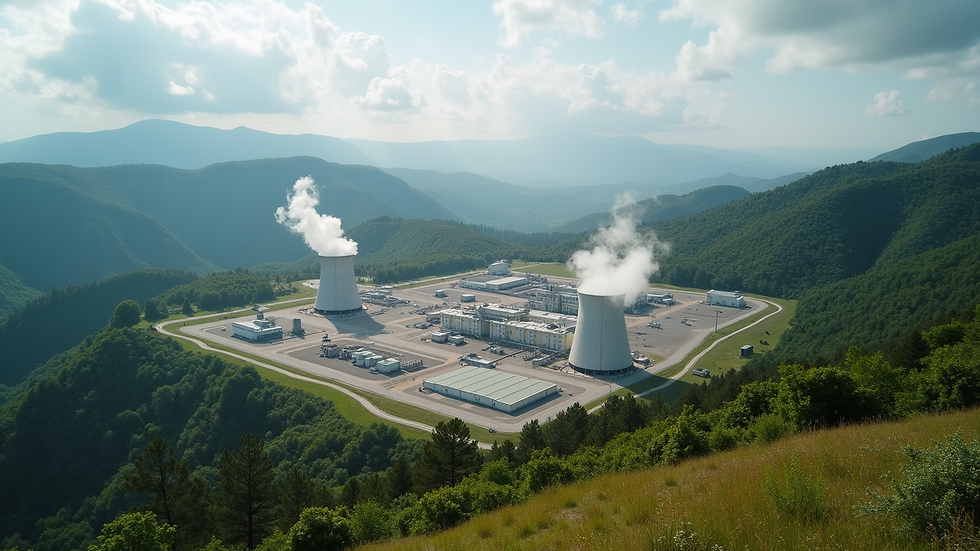 High angle view of a geothermal power plant surrounded by a lush landscape