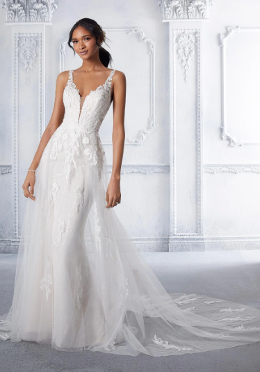 Morilee Calanthe A-line wedding dress with a lace bodice and flowing skirt.
