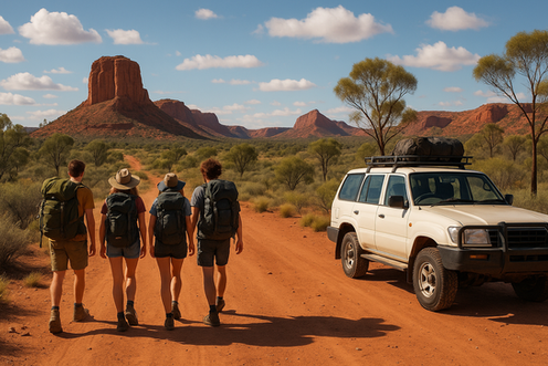 Quatre jeunes backpackers marchant sur une piste rouge dans l’Outback australien, sac à dos sur les épaules, avec un 4x4 garé sur le bas-côté, entourés d’eucalyptus et de formations rocheuses typiques de l’Australie. Illustration d’un road trip en Working Holiday Visa (WHV) en Australie.