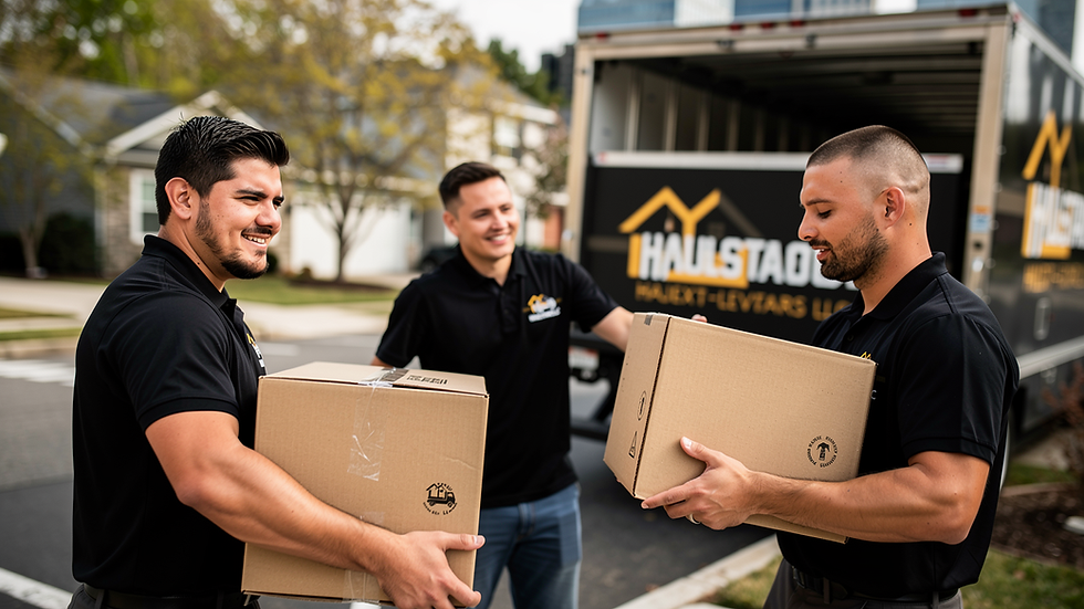 Haulstars LLC movers Miguel, Carlos, and Diego loading boxes into a moving truck in a residential driveway, wearing black shirts with white logo, demonstrating teamwork and professionalism.
