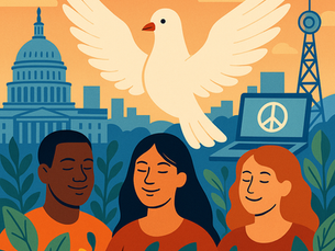 Illustration of peace in the United States featuring diverse people, green plants, and digital technology unified around a white dove, symbolizing harmony between society, nature, and innovation.