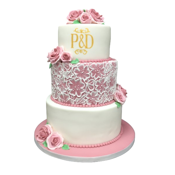 Three-tiered wedding cake with pink roses, lace detailing, and a personalised monogram.