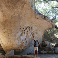 uomo che tocca con ammirazzione una roccia granitica all'interno del Parco Orma Therapy a Irgoli