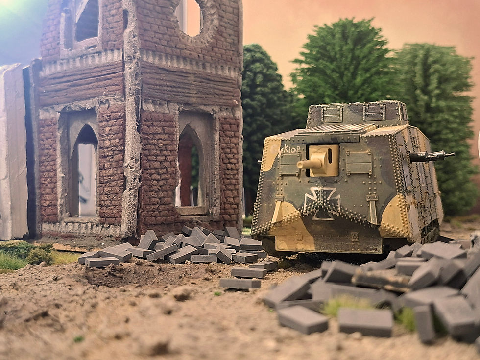 Cyklop advances near the ruined church of Villers Bretonneux.