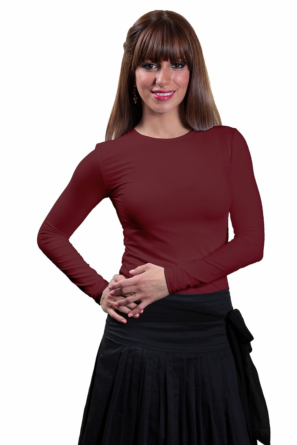 Thumbnail: Burgundy Long Sleeve Cotton Spandex Layering Shell