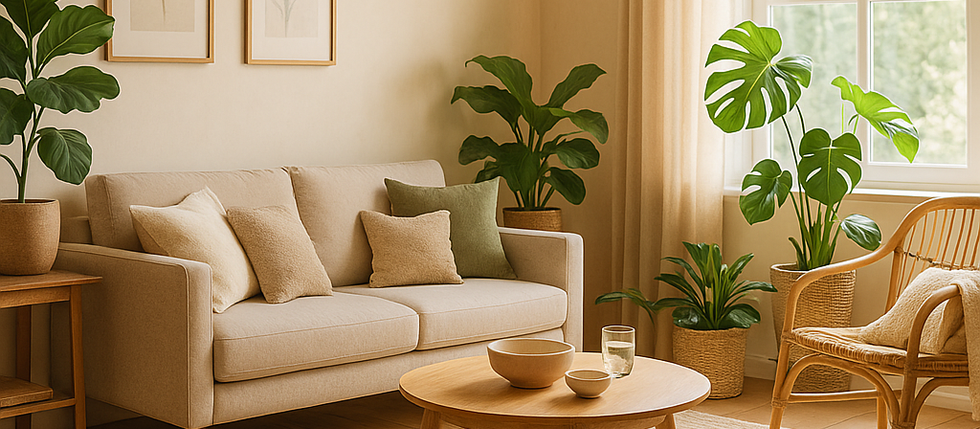 Sala armonizada y luminosa con sofá beige, cojines verdes, plantas naturales y detalles de madera clara; transmite serenidad, equilibrio y energía positiva según el Método de Armonización Consciente de Vida Serena.