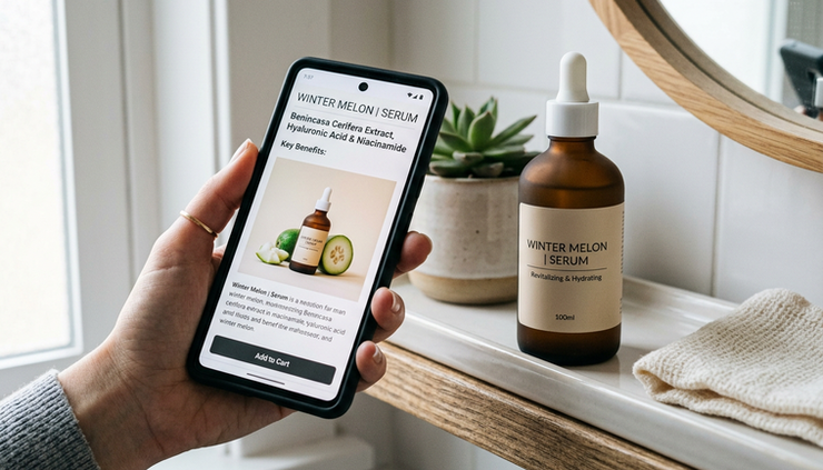 Close-up of a hand holding a phone while reading skincare product details beside an unbranded winter melon skincare bottle on a bathroom shelf